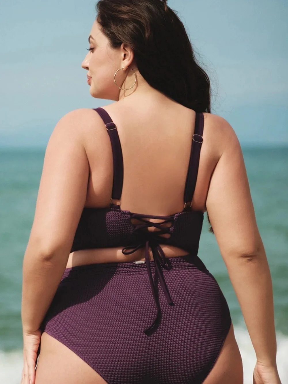 Purple Textured V Neck Plus Size Tankini Top